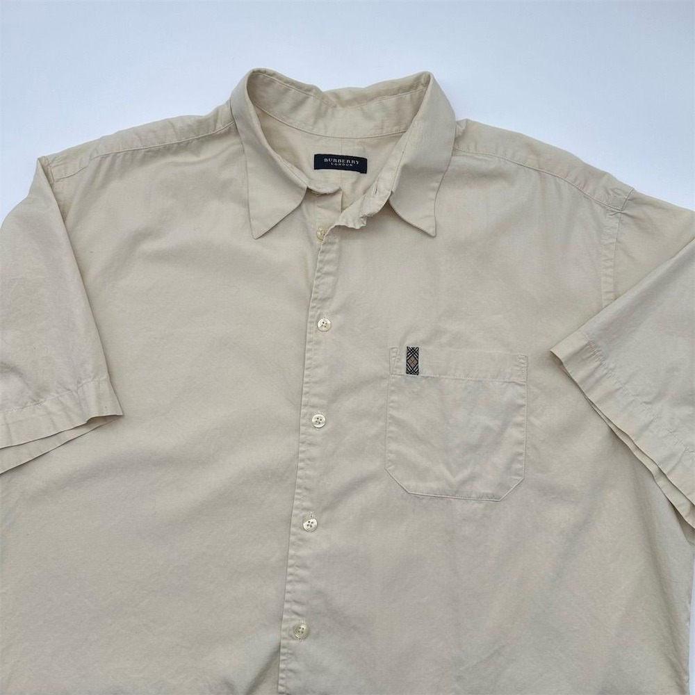 Vintage Burberry Men's 2XL Beige Short Sleeve‎ Button-Up Shirt